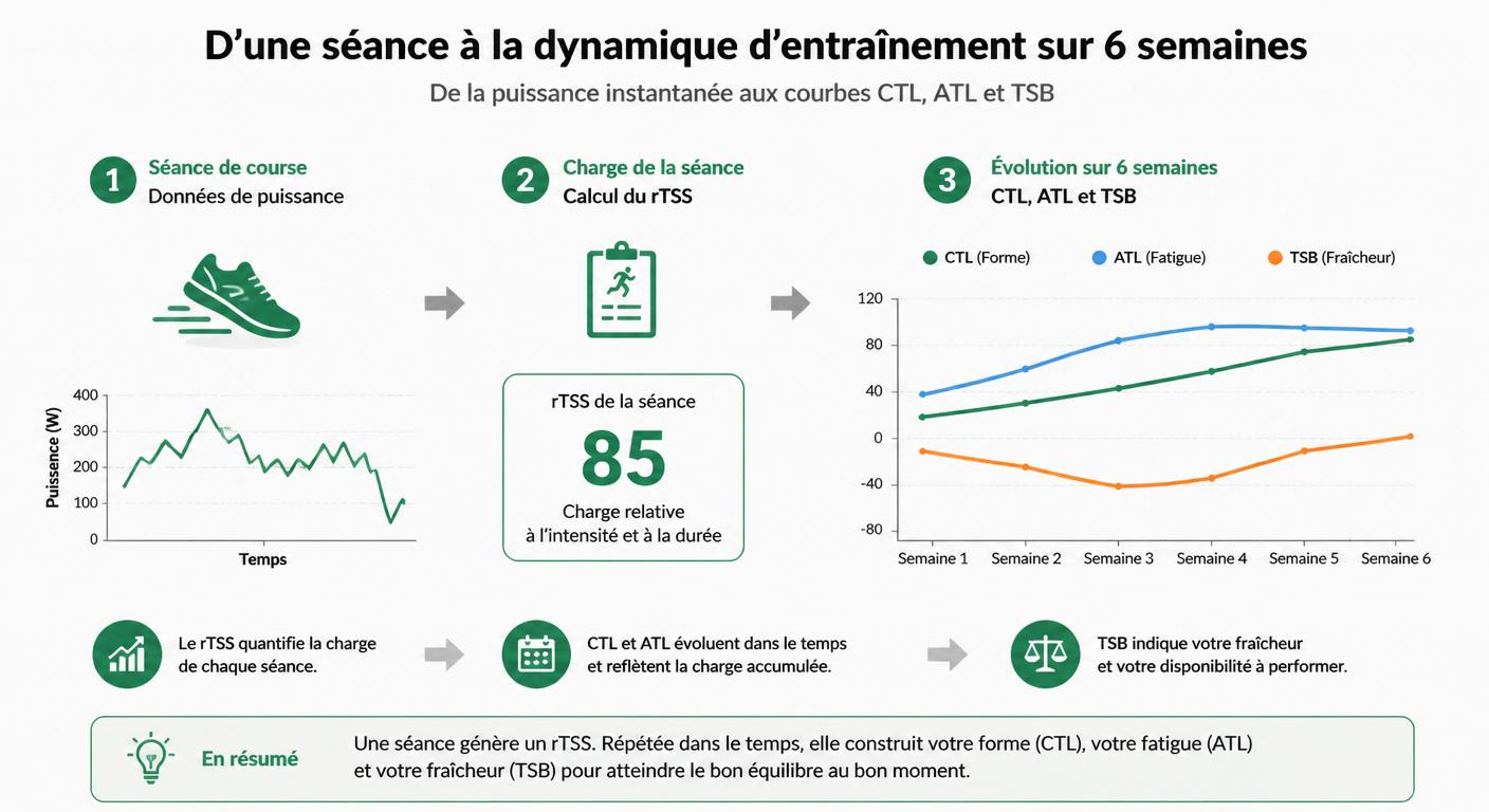 Infographie du flux FTP running, rTSS, CTL, ATL, TSB