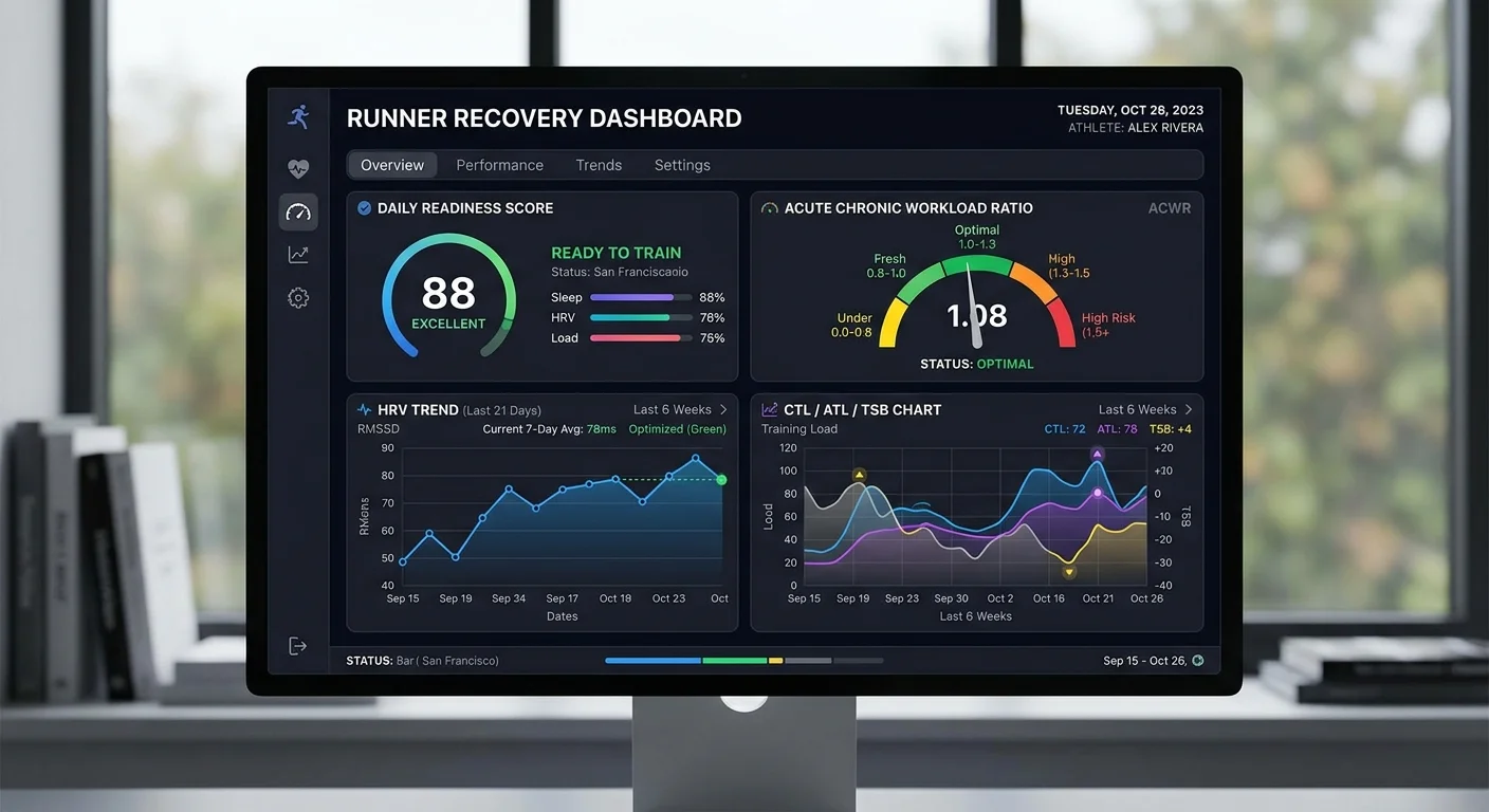 Tableau de bord de suivi de reprise avec HRV, charge et score de disponibilité