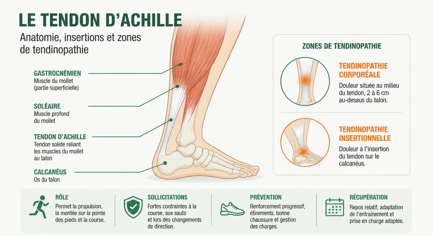Anatomie du tendon d'Achille et zones de tendinopathie