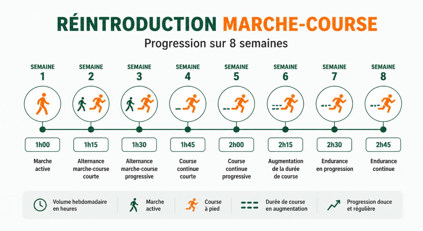 Courbe de progression du protocole de reprise marche-course sur 8 semaines
