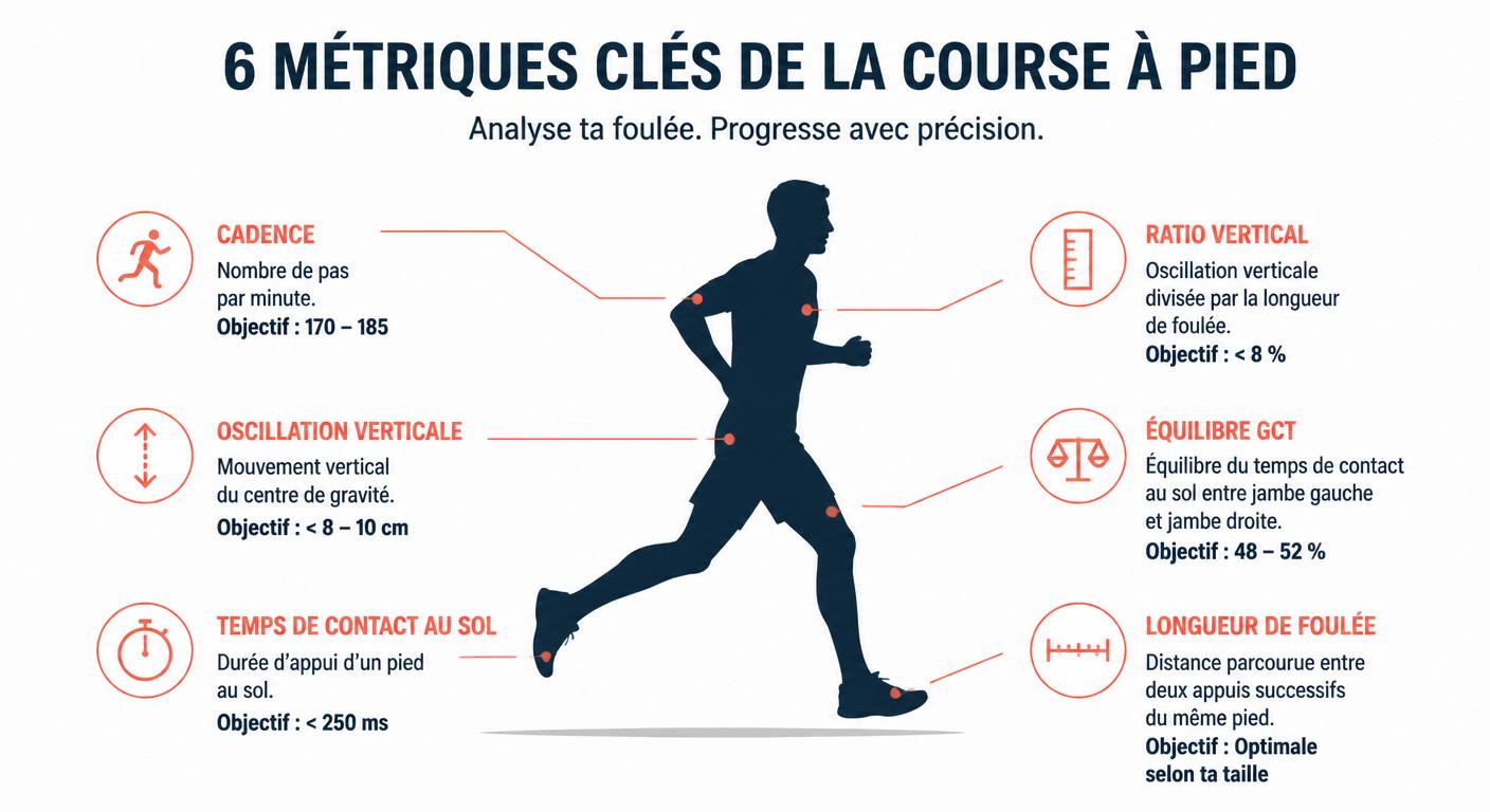 Schéma des six métriques Running Dynamics Garmin localisées sur un coureur