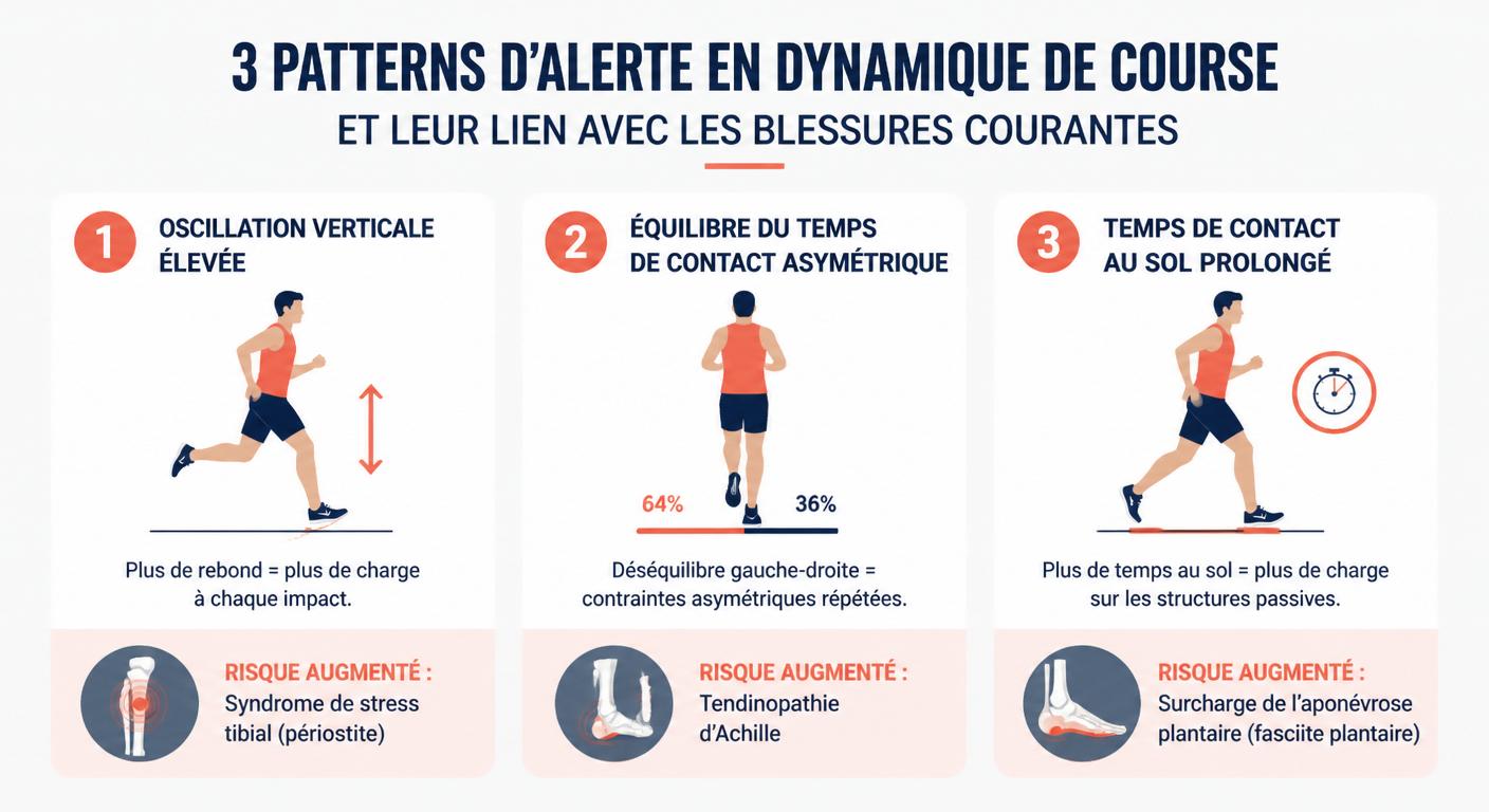 Schéma des signaux d'alerte Running Dynamics associés aux blessures fréquentes
