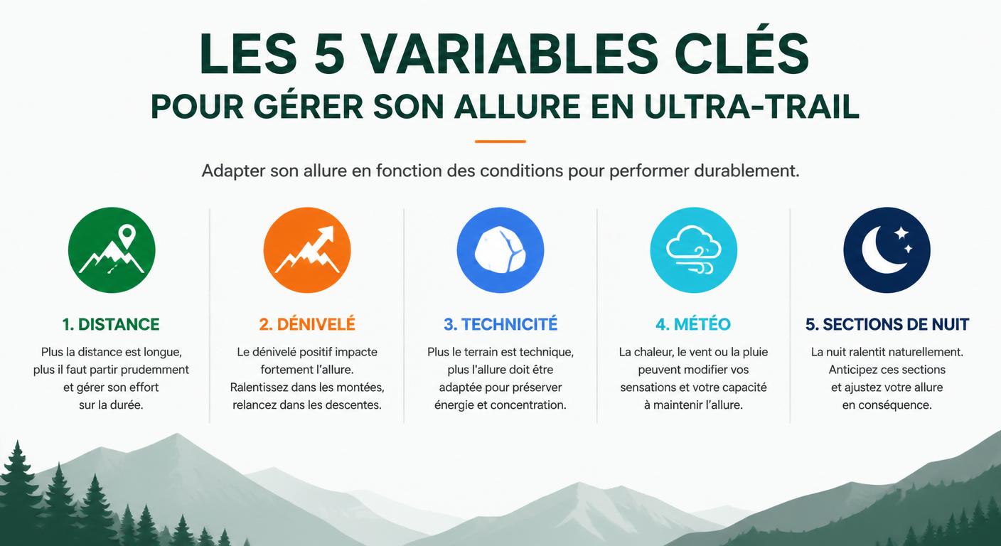 Infographie des cinq variables de la stratégie d'allure en ultra-trail
