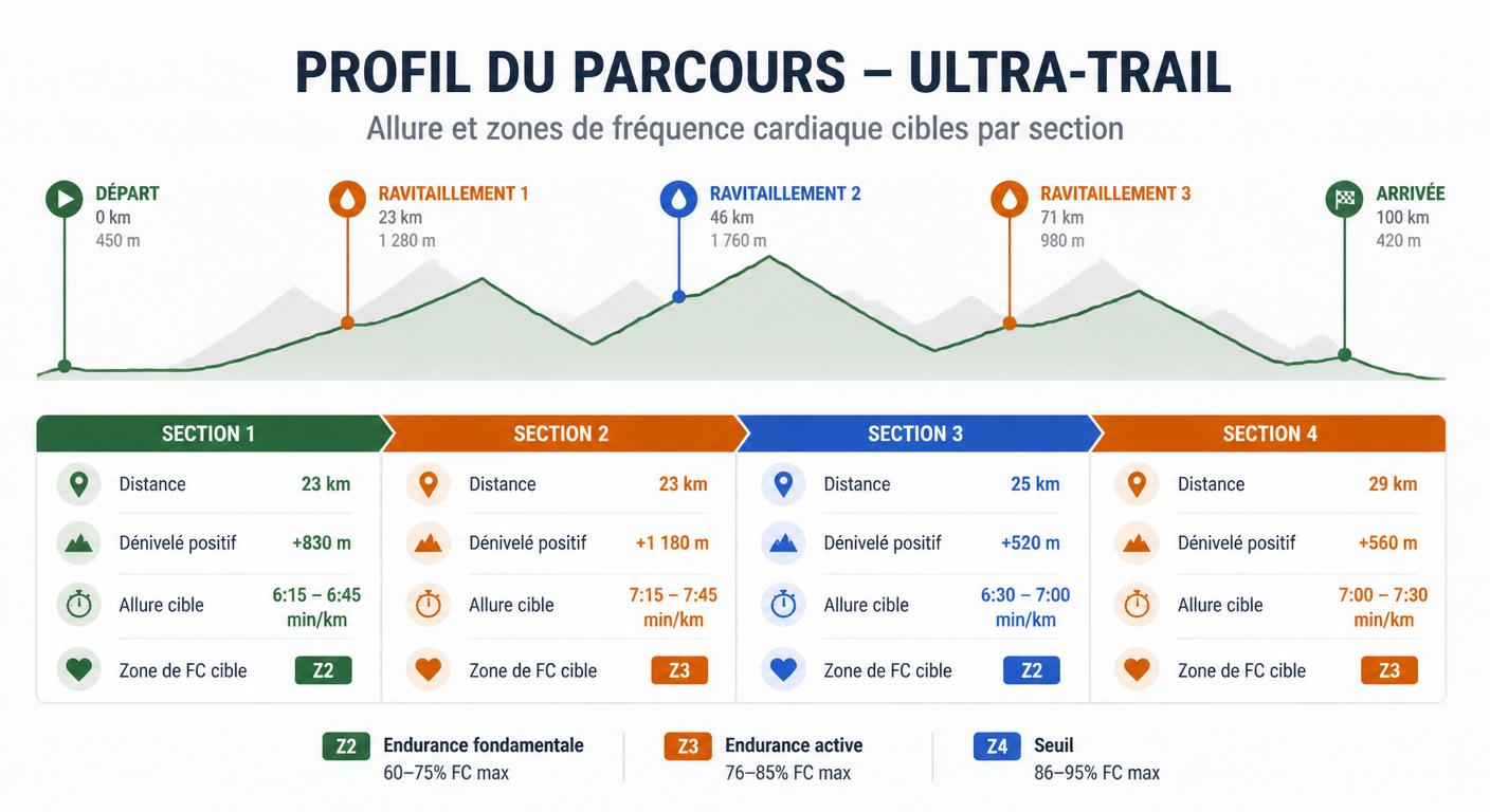Schéma de découpage d'un parcours d'ultra-trail en sections de pacing