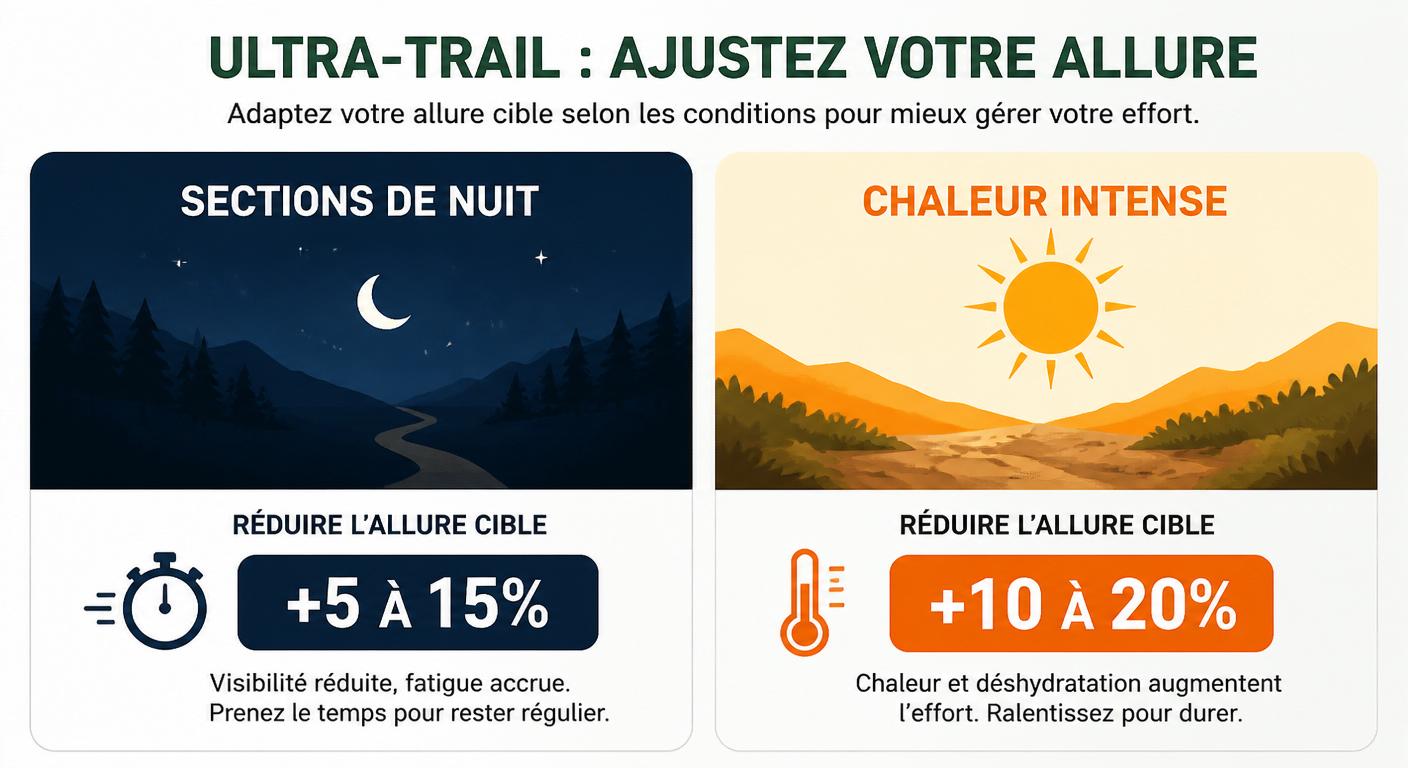 Infographie de la modulation de l'allure en ultra-trail selon la nuit et la chaleur