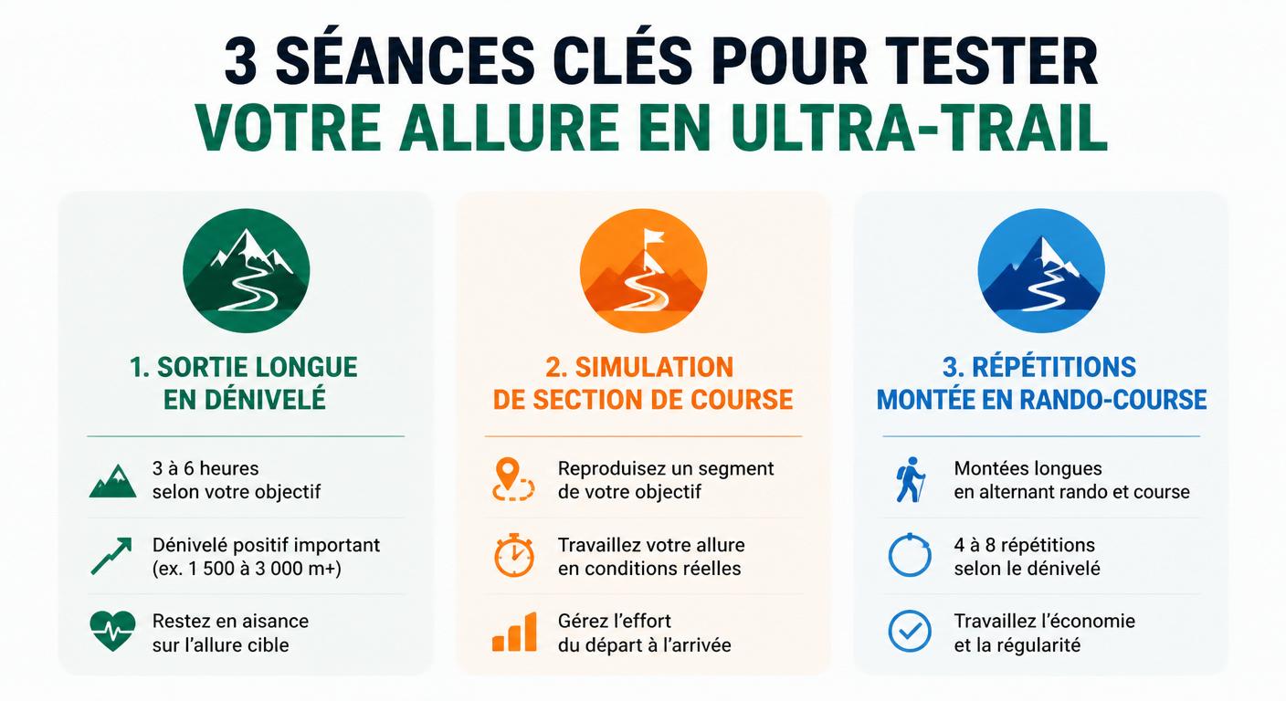Infographie des trois séances pour tester son pacing avant un ultra-trail