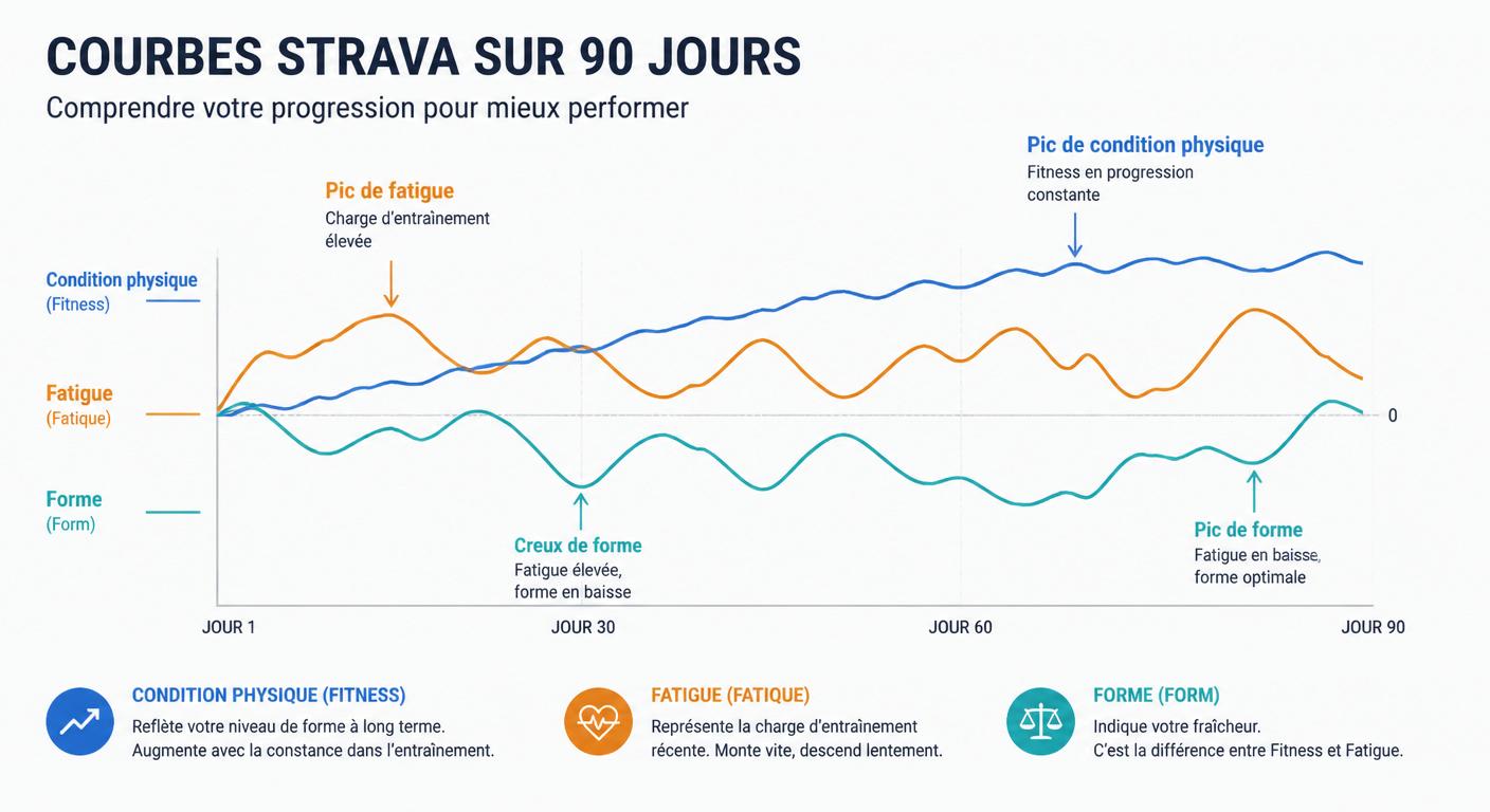 Infographie expliquant les trois courbes Fitness, Fatigue et Form de Strava sur 90 jours