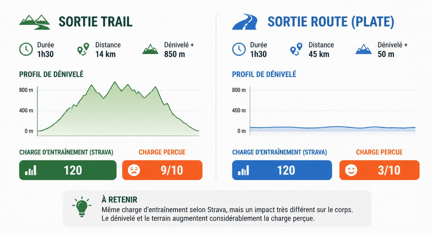 Comparaison visuelle entre une sortie trail et une sortie route avec charge Strava identique
