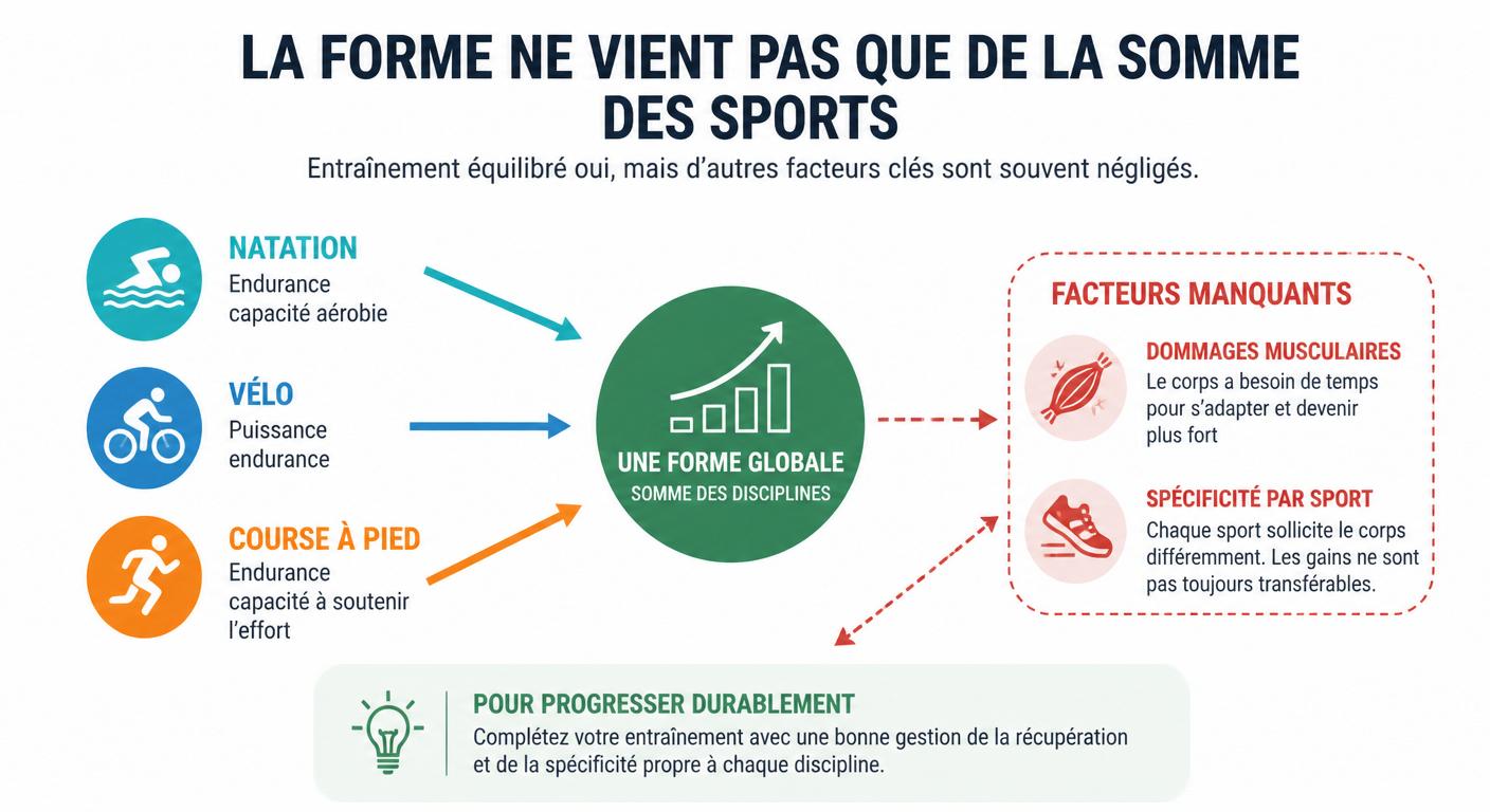 Infographie illustrant l'agrégation multisport dans le score Strava et ses oublis