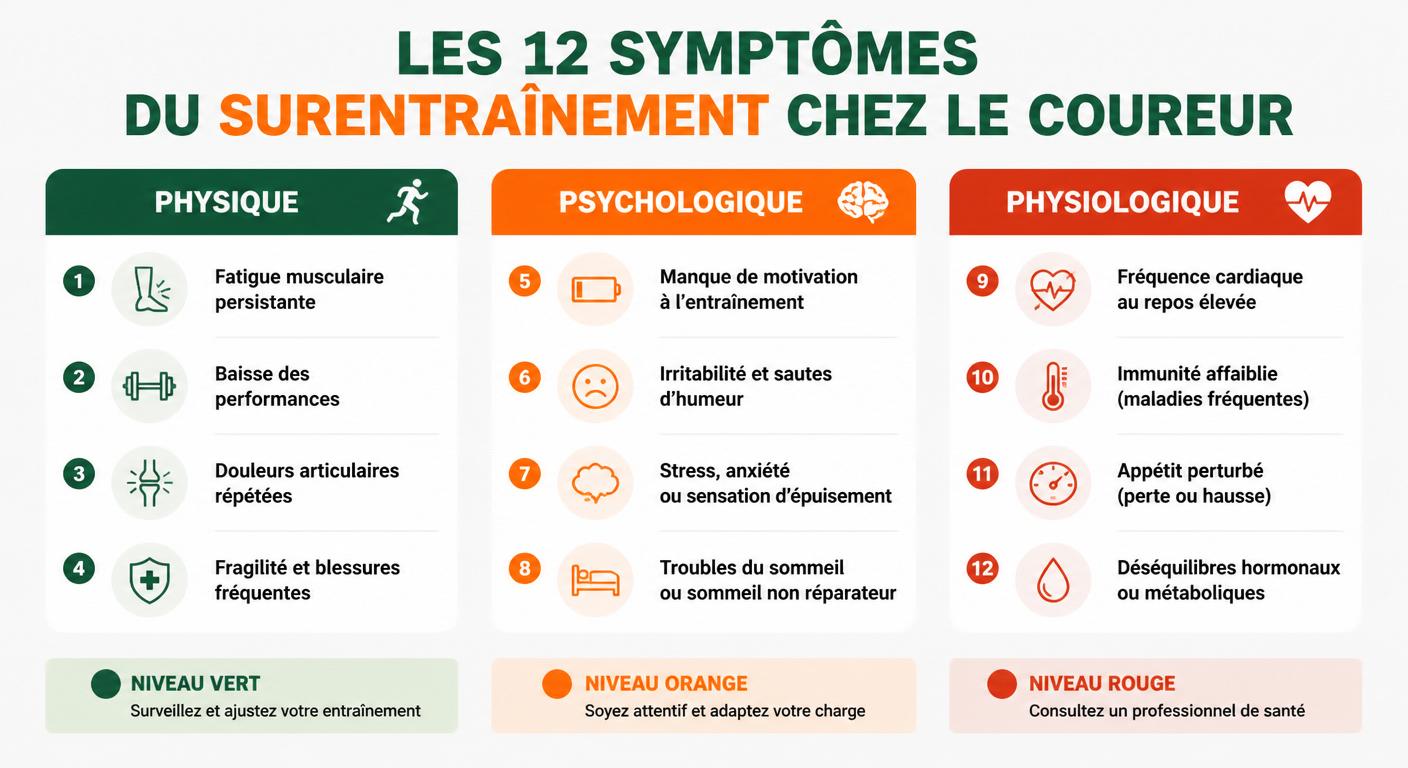 Infographie des 12 symptômes du surentraînement classés par catégorie chez le coureur