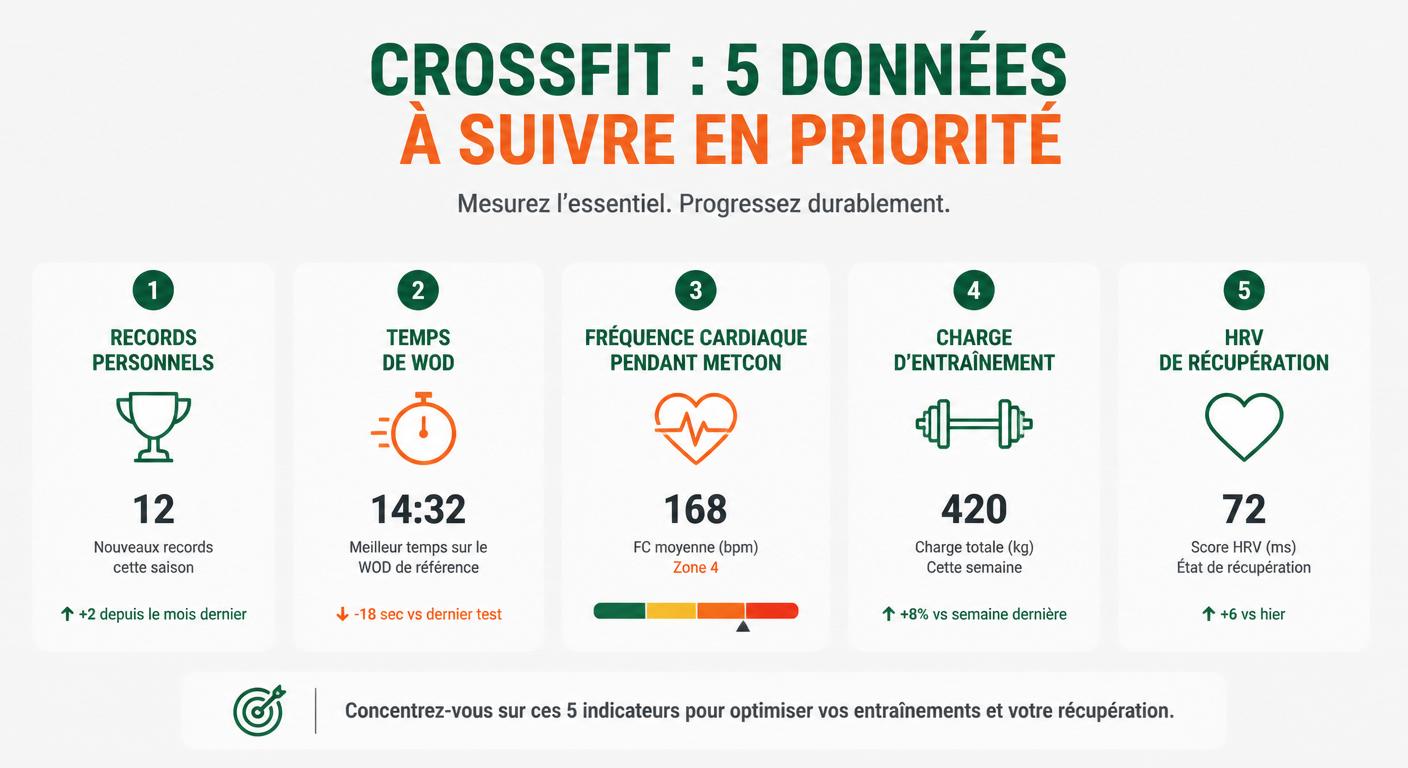 Infographie des cinq données CrossFit prioritaires à suivre pour progresser