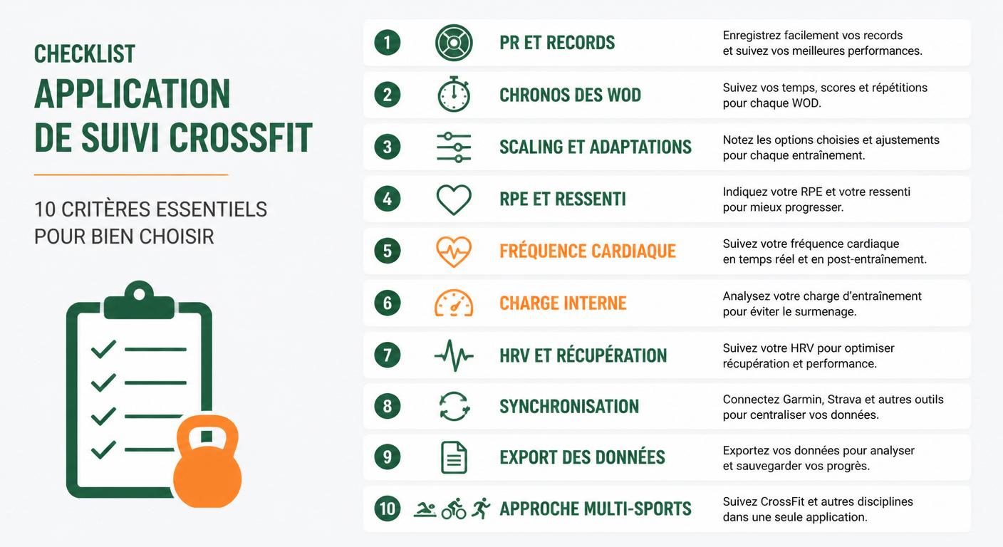 Infographie des dix critères essentiels d'une application de suivi CrossFit