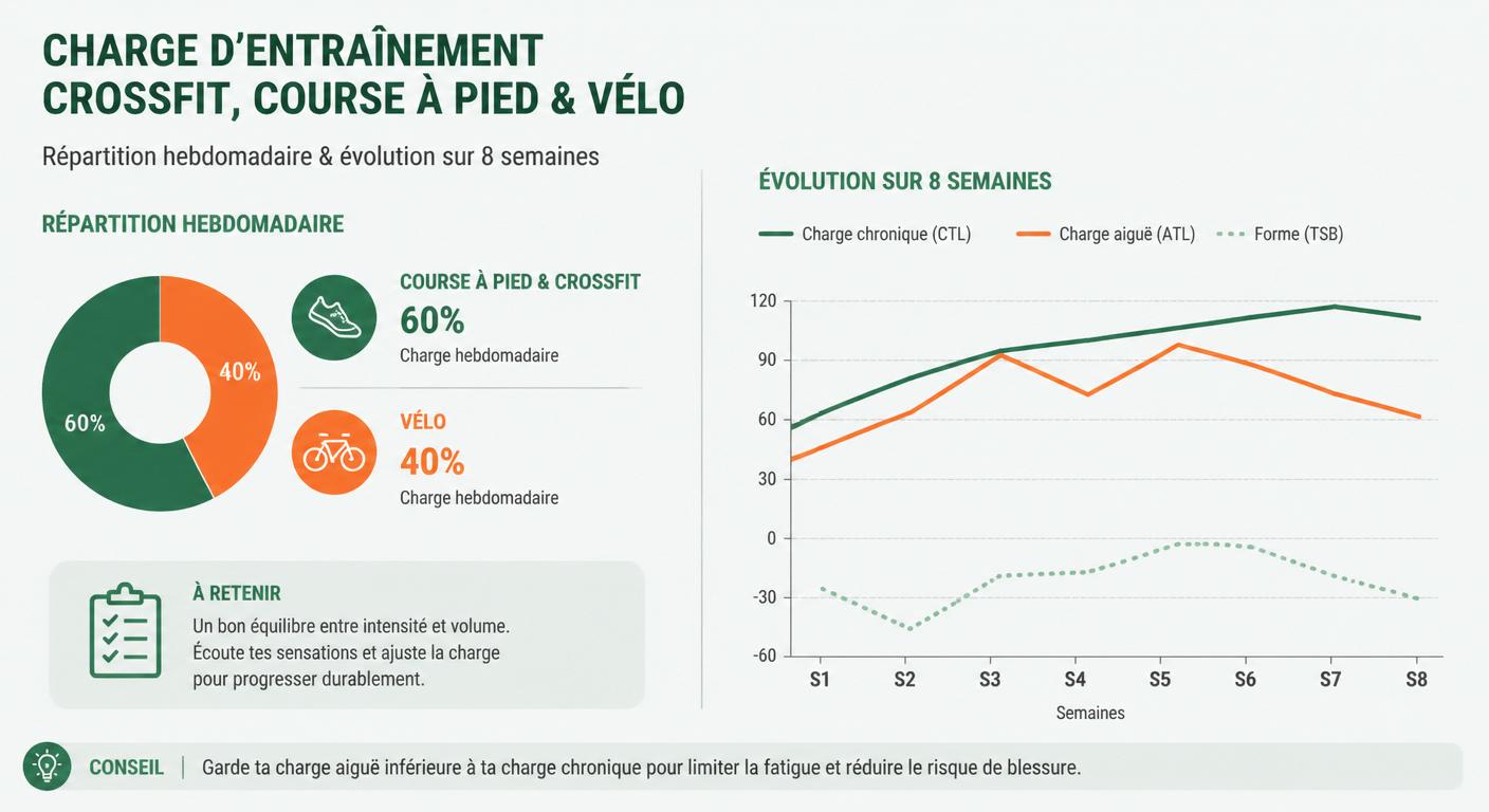 Infographie de la répartition hebdomadaire de charge CrossFit et endurance