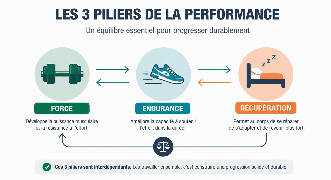 Infographie des trois piliers de l'entraînement concurrent endurance et force