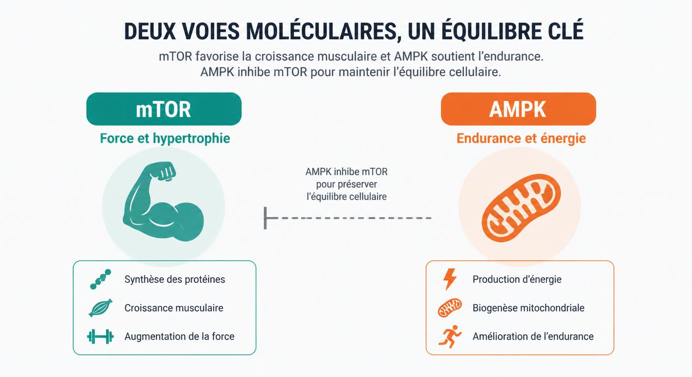 Infographie comparant les voies moléculaires mTOR et AMPK dans l'effet d'interférence