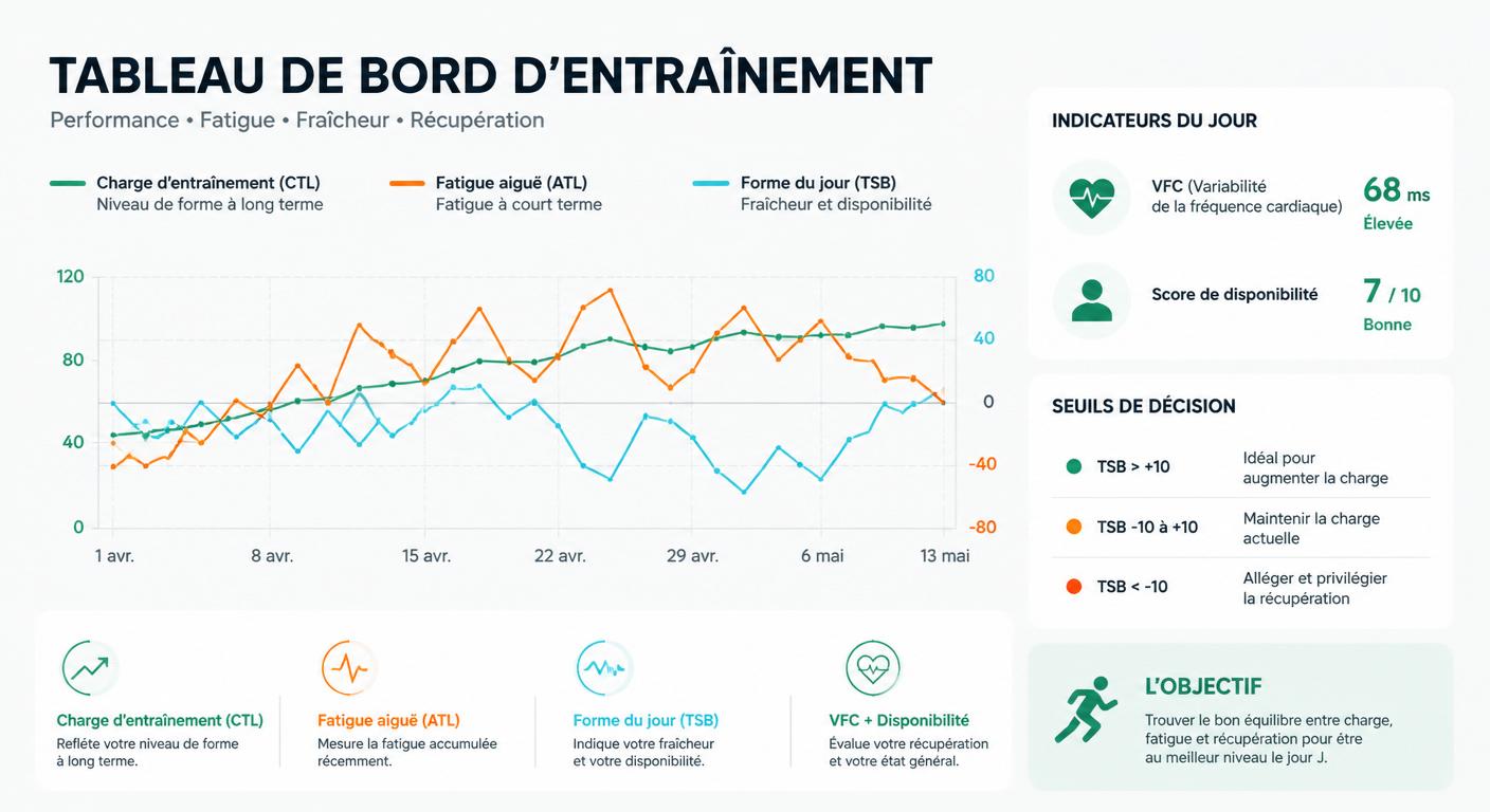 Infographie pilotage de la charge en entraînement concurrent avec CTL HRV et score de disponibilité
