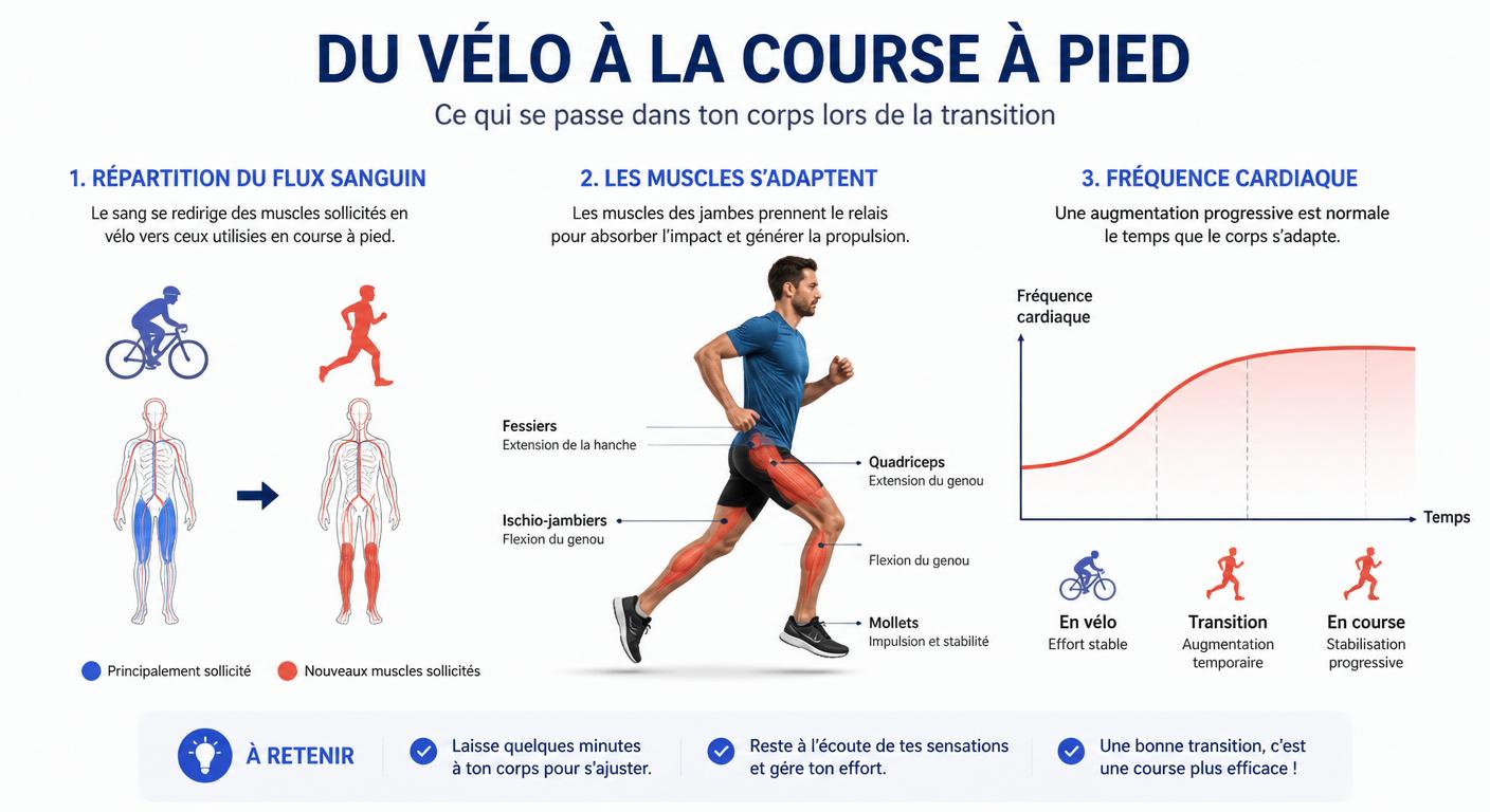 Infographie sur les effets physiologiques de l'enchaînement vélo-course à pied lors d'un triathlon