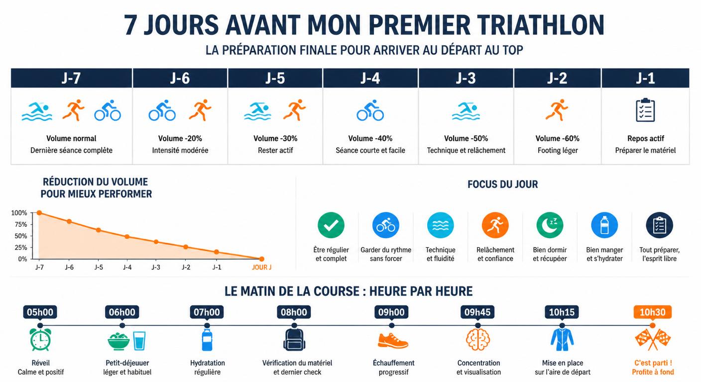 Infographie du rétroplanning J-7 à J0 pour aborder son premier triathlon