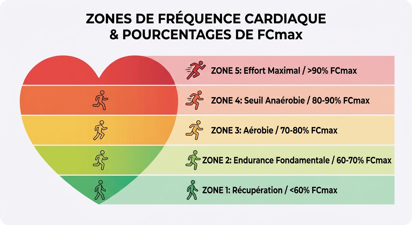 Schéma des 5 zones de fréquence cardiaque avec pourcentages de FCmax